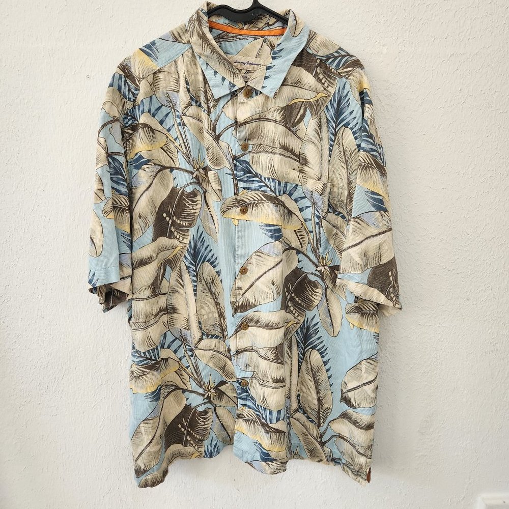 Tommy Bahama Silk Hawaiian Shirt Mens XXL 2XL Neutral Tan Blue Palm
